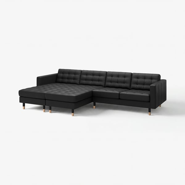 Canapé en cuir noir moderne en forme de L avec pieds en bois.