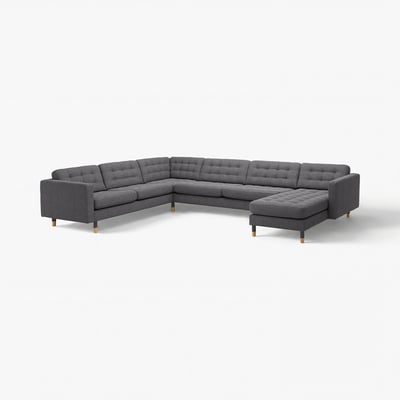 Canapé sectionnel gris moderne en forme de L avec coussins tuffatés et pieds en bois, parfait pour de grands salons.