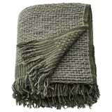 Plaid gris-vert foncé tissé à la main, moitié coton, moitié laine, bords frangés, forme rectangulaire.