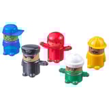 Quatre figurines : constructeur, flic, pompier, joueur de baseball en tenue bleue, noire, rouge et jaune.