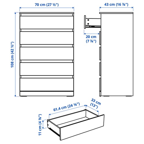 LILLBERGET Commode 5 tiroirs, blanc, 70x43x108 cm