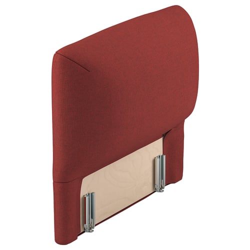 Tête de lit rembourrée rouge, design incurvé, revêtement en tissu, dossier en bois, luminaires métalliques.