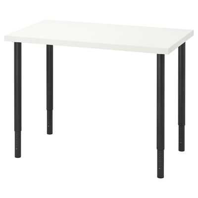 Bureau blanc LINNMON, design élégant avec pieds réglables en métal noir. Écologique, léger et solide.