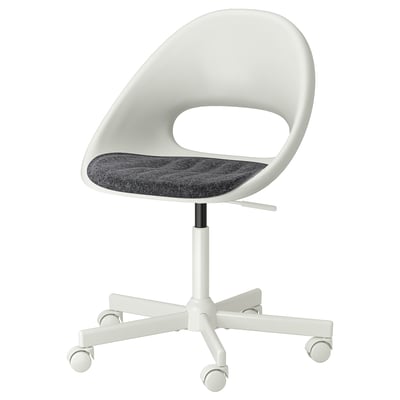 Chaise de bureau blanche LOBERGET avec coussin gris, design ergonomique, hauteur réglable, cinq roulettes