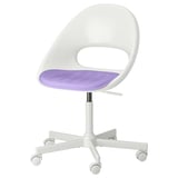 Chaise de bureau LOBERGET blanche, coussin violet, réglable, 5 roulettes, design épuré.