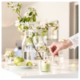 Bougie verte allumée à côté d’un vase à fleurs blanches, pommes sur une table en marbre.