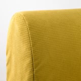 Gros plan d’un tissu de canapé texturé jaune vif, mettant en valeur son tissage complexe et son apparence douce et invitante.