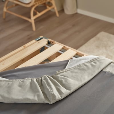 LYNGÖR Lit/sommier tapissier, Vesteröy ferme/bleu clair Knisa beige clair, 160x200 cm