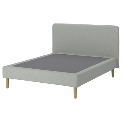 LYNGÖR Sommier tapisser à lattes, pieds et tête de lit inclus/Tibbleby beige/gris, 140x200 cm