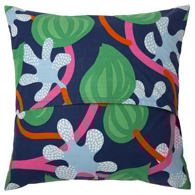 Coussin MÄVINN - bleu marine avec feuilles vertes, roses, oranges, coton