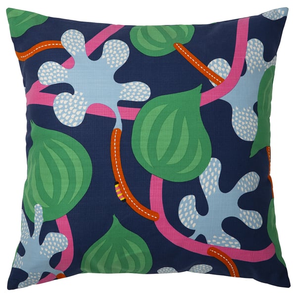 Coussin MÄVINN - bleu marine avec feuilles vertes, roses, oranges, coton