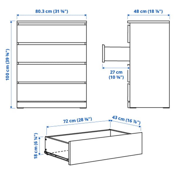 Illustration avec les mesures du produit : MALM.