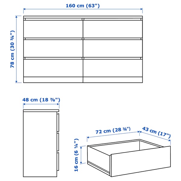 MALM Commode 6 tiroirs, blanc, 160x78 cm