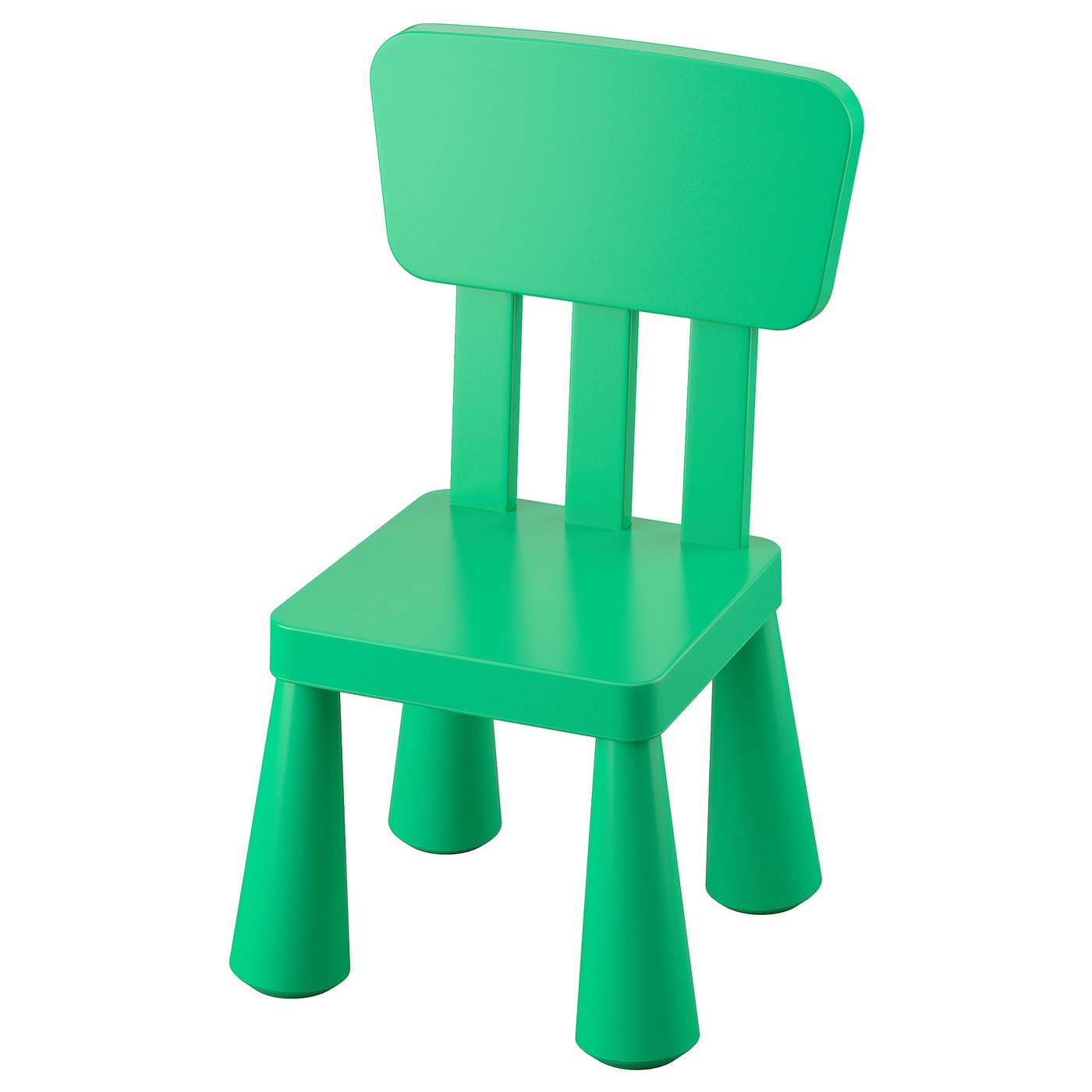 Chaise d’enfant vert vif, compacte, assise carrée, deux supports dorsaux verticaux, quatre pieds effilés, plastique.