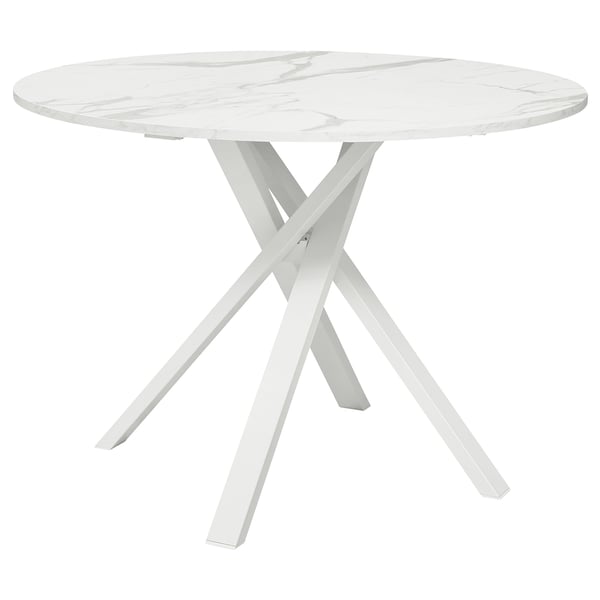 Table à manger ronde moderne avec plateau en marbre blanc et pieds en métal robustes.