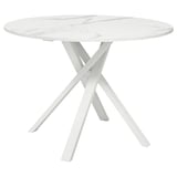 Table à manger ronde moderne avec plateau en marbre blanc et pieds en métal robustes.