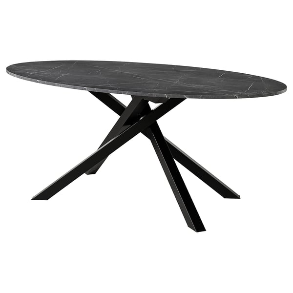 Il s’agit d’une table MARIEDAMM moderne, de forme ovale avec un plateau en marbre noir élégant. Il entrecroise les pieds en métal, offrant un design robuste et contemporain.