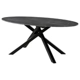 Il s’agit d’une table MARIEDAMM moderne, de forme ovale avec un plateau en marbre noir élégant. Il entrecroise les pieds en métal, offrant un design robuste et contemporain.