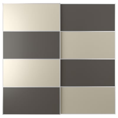 Porte MEHAMN : design à 6 panneaux, 3 beige clair, 3 gris foncé, rectangulaire, en panneaux de fibres, rail en aluminium.
