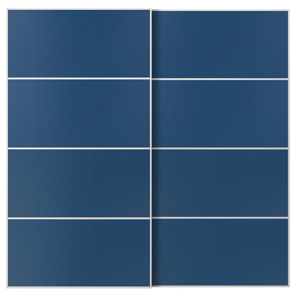 Une grille carrée de huit panneaux de porte coulissante bleus, des cadres pax assortis, un design simple et moderne.