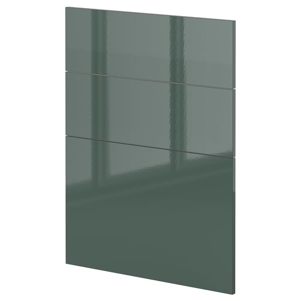 Panneau d’armoire de cuisine moderne brillant, gris-vert au design élégant.