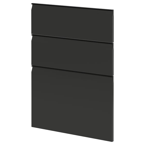 Façades d’armoires de cuisine noires modernes avec un design épuré et sans poignée.