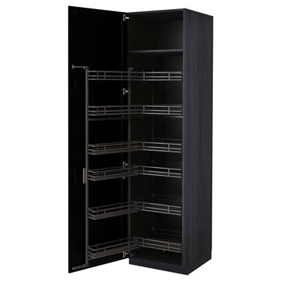 Armoire de cuisine METOD noire avec étagères coulissantes, finition bois foncé.