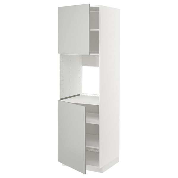 Armoire METOD blanche, moderne, gris clair, design à trois portes, deux ouvertes, panneaux de particules et peinture acrylique.