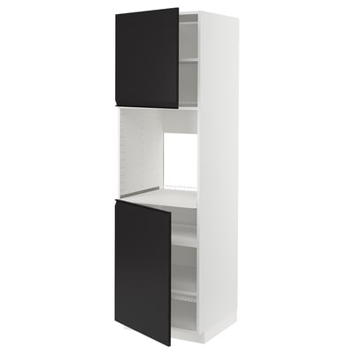 Armoire de cuisine moderne noire et blanche, haute avec rangement ouvert, étagères réglables.