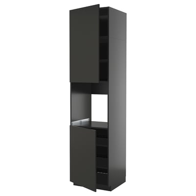 Une grande armoire de cuisine gris foncé avec deux portes ouvertes révélant des étagères réglables à l’intérieur.