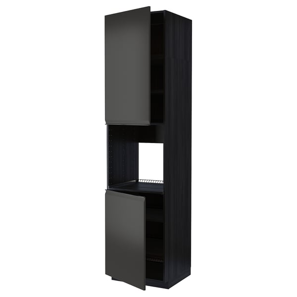 Armoire de cuisine noire moderne au design minimaliste, dotée d’étagères réglables, d’une finition mate élégante et d’une porte sans poignée.