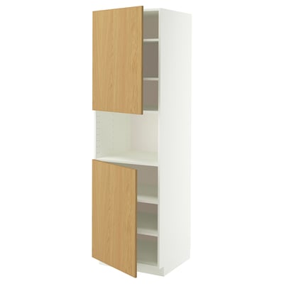 METOD Armoire micro-ondes+2ptes/tablette, blanc/Sinarp plaqué chêne, 60x60x200 cm