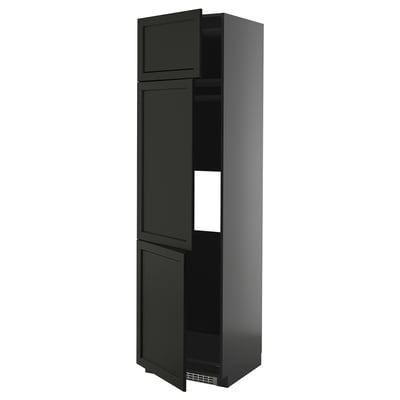 Armoire de cuisine haute noire, design élégant, trois portes, étagère réglable.