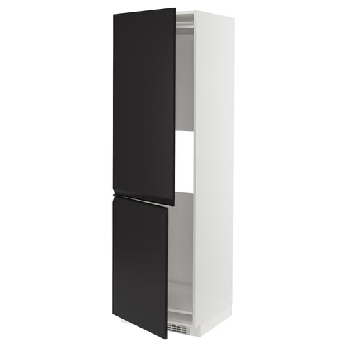 Armoire de cuisine moderne en noir et blanc avec portes ouvertes, poignées noires mates.