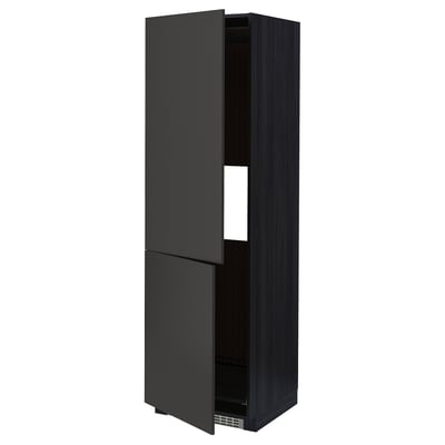 Armoire de cuisine noire moderne, haute avec deux portes. Ou, pour rester sous une limite plus stricte : armoire de cuisine noire, haute avec deux portes, élégante.