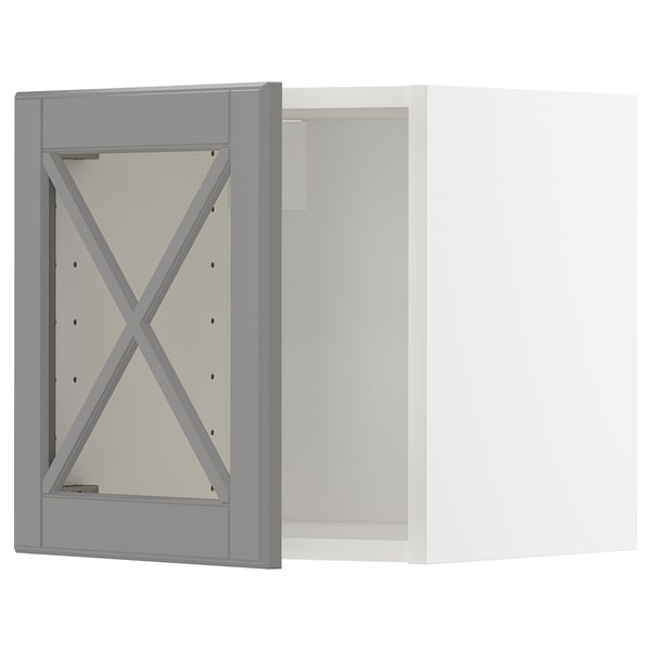 Unité de cuisine METOD grise avec porte vitrée et design en forme de X.