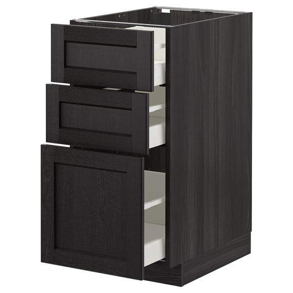 Unité de cuisine ikea METOD noir avec trois tiroirs en bois foncé.