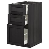 Unité de cuisine ikea METOD noir avec trois tiroirs en bois foncé.