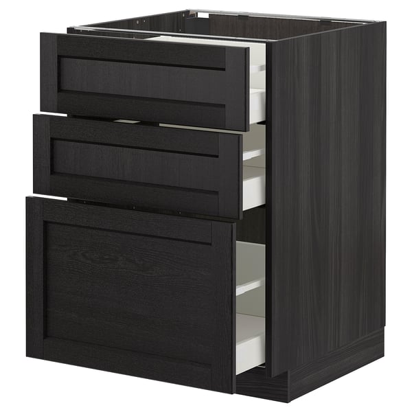 Armoire de cuisine en bois teinté noir avec trois tiroirs et rails métalliques, design moderne.