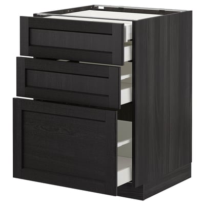 Armoire de cuisine teintée noire avec trois tiroirs ouverts, design moderne, finition lisse.