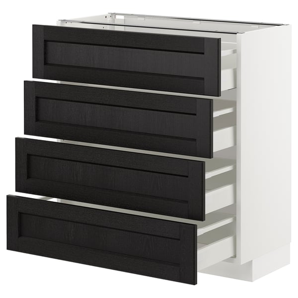 Un meuble de cuisine METOD blanc avec quatre tiroirs en frêne noir, soigneusement organisés, offrant un rangement avec un aspect élégant et moderne.