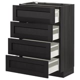 Une armoire de cuisine teintée noire avec quatre tiroirs ouverts, en frêne et en panneaux de particules, avec un design biseauté traditionnel.