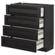Meuble à tiroirs noir moderne, quatre tiroirs ouverts avec bords biseautés pour le rangement de la cuisine.