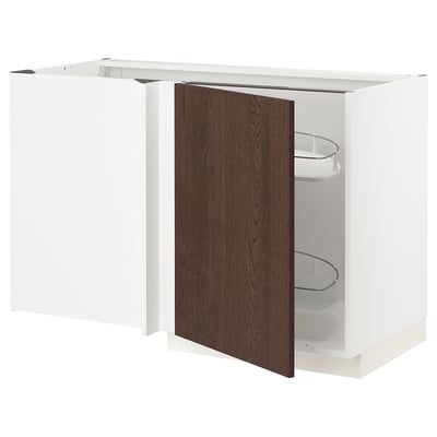 Armoire de cuisine blanche moderne avec porte brun foncé, dotée d’une étagère coulissante.