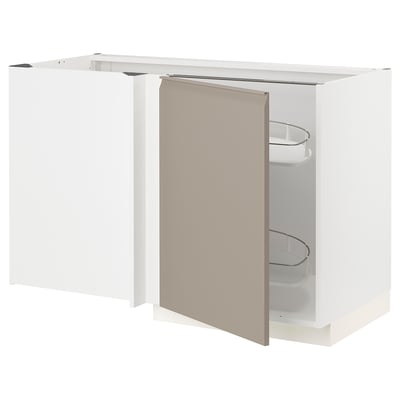 Armoire de cuisine METOD en blanc avec porte beige, étagères coulissantes d’angle.