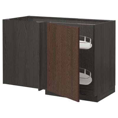 Armoire de cuisine en bois foncé avec étagères coulissantes, design moderne, construction robuste.