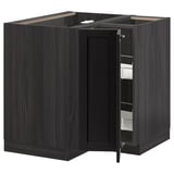 Armoire de cuisine en bois foncé avec une porte ouverte révélant des étagères. Design moderne et rectangulaire avec finition teintée noire.