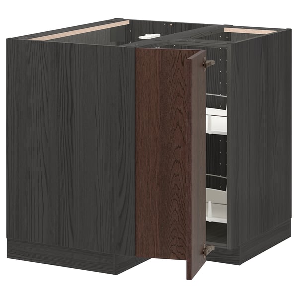 Armoire de cuisine en bois brun foncé avec plusieurs étagères et tiroirs dans un design de base d’angle.
