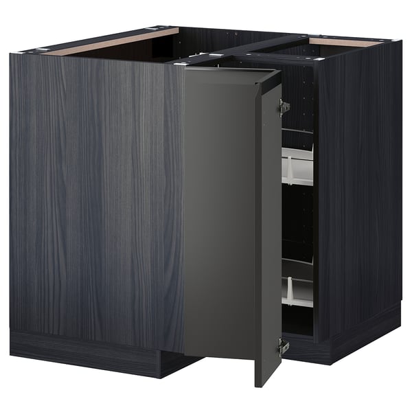 METOD Élément bas angle+rgt pivotant, noir/Upplöv anthracite mat, 88x88 cm