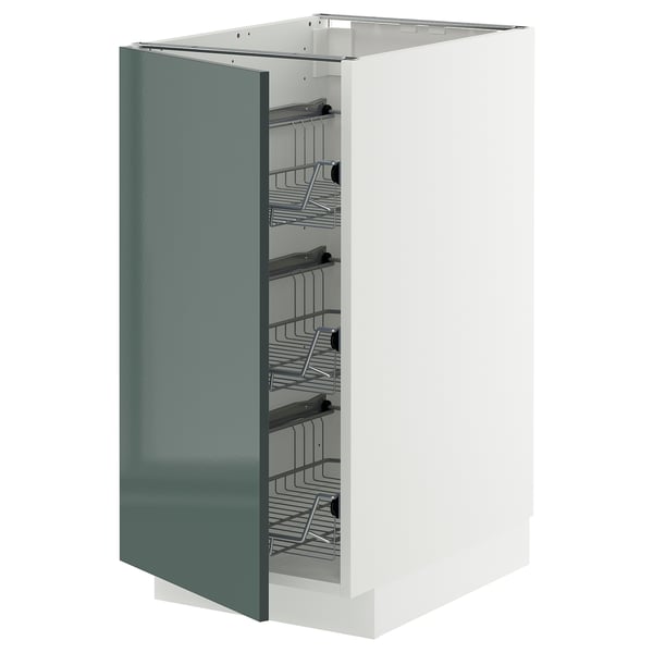 Armoire de cuisine moderne, METOD gris-vert brillant, étagères en acier, forme rectangulaire.